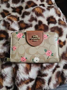 COACH Beige Floral Signature Zip Wallet with Brown Leather Trim